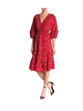 Max Studio Red V-Neck Floral Midi Dress